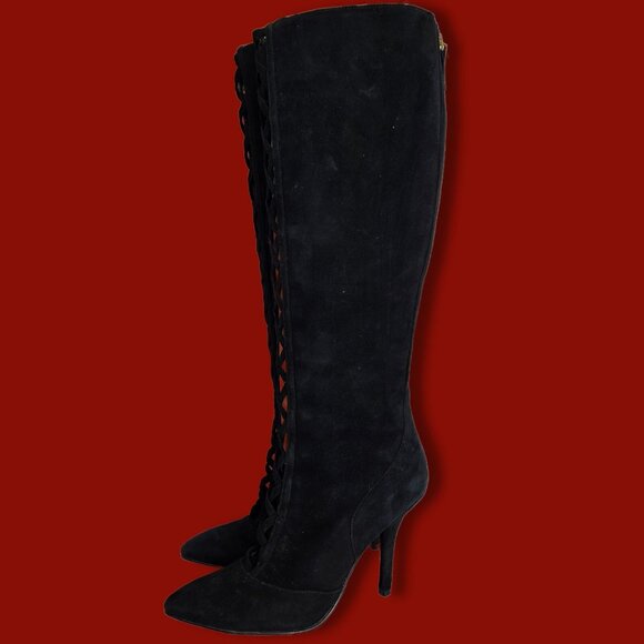 Y2K Nine West Black Suede Knee High Boots US Size 7.5 Pointed Toe Heels Zippers - Picture 6 of 11